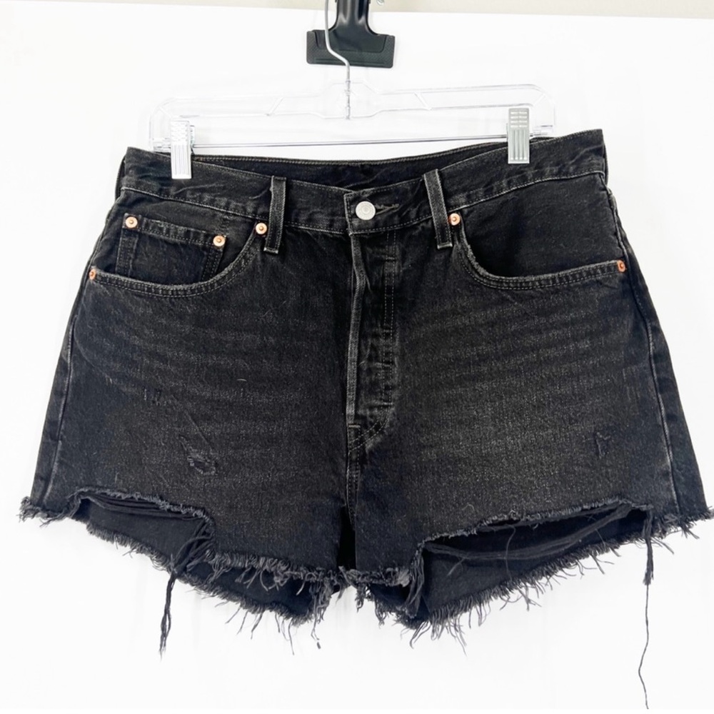 Levi’s 501 High Rise Button Fly Denim Shorts Black Distressed